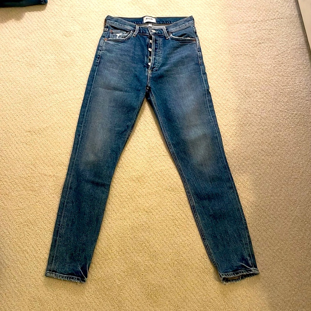 A Golde size 26 jeans.  Frayed on back of ankle.
